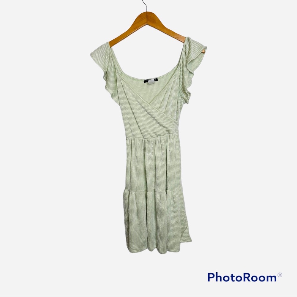 Green and White Flutter Sleeves Dress